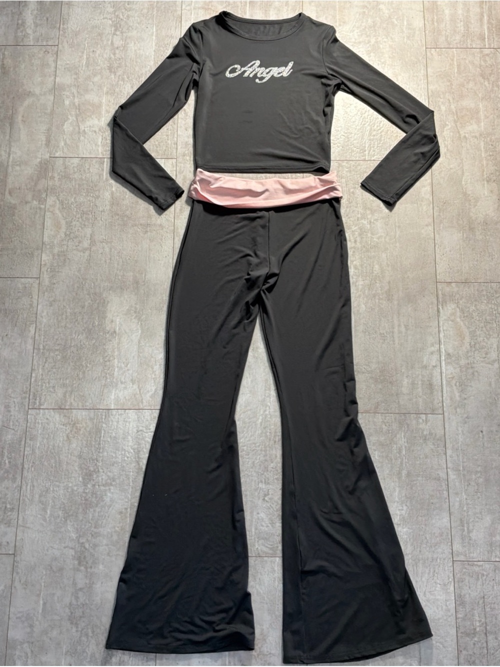 Angel Baby 2 Piece Pant Set Rhinestone LS Crop Top Pink Band Pants S